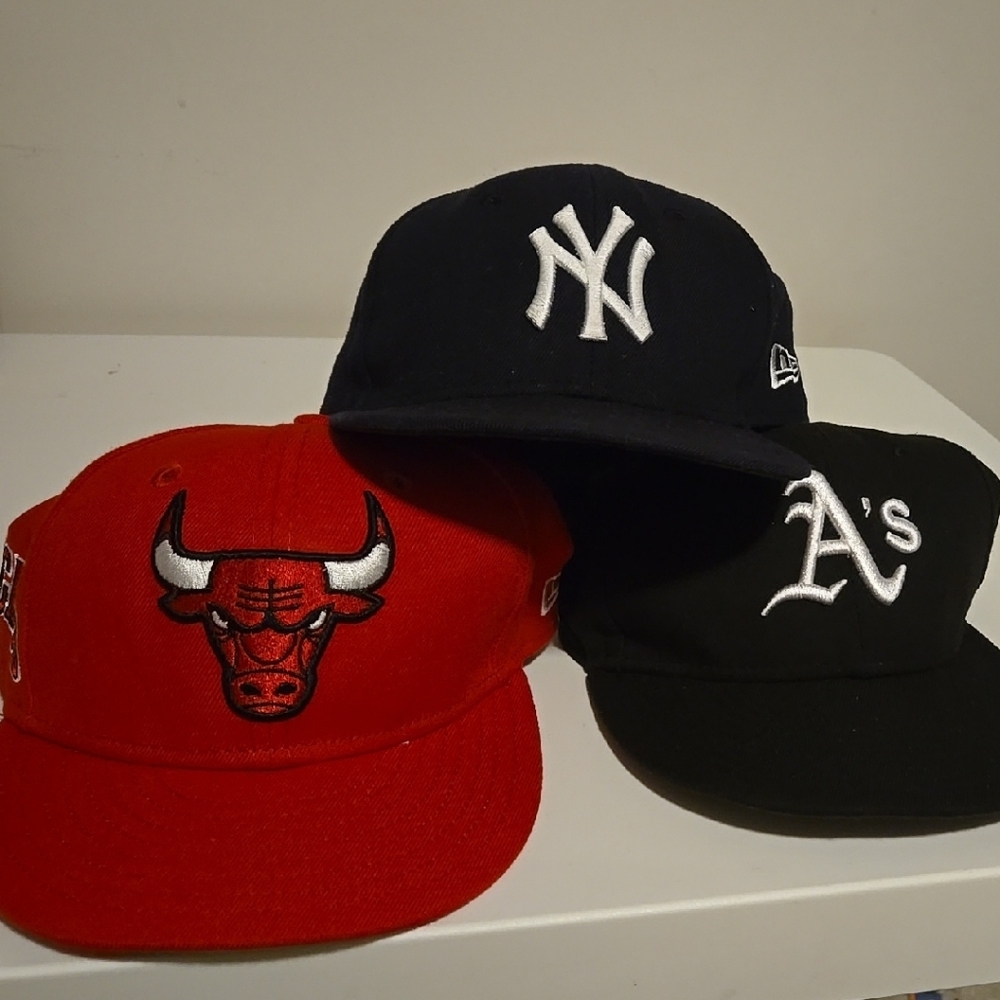 New Era Red BULLS and Black A's Snapback Caps, Navy NY Fitted Cap